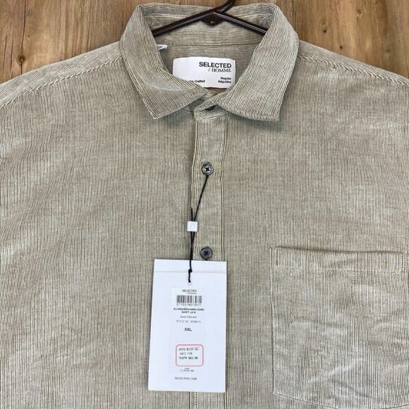 SELECTED Homme Benjamin Cord Shirt Long Sleeve Breen Oatmeal XXL - Picture 2 of 7